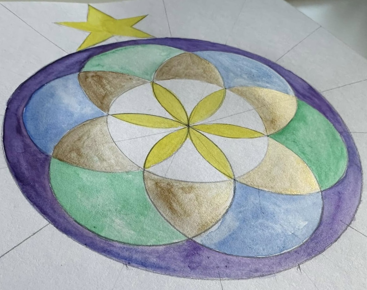 Akvarele piešta Sėklos gėlės mandala